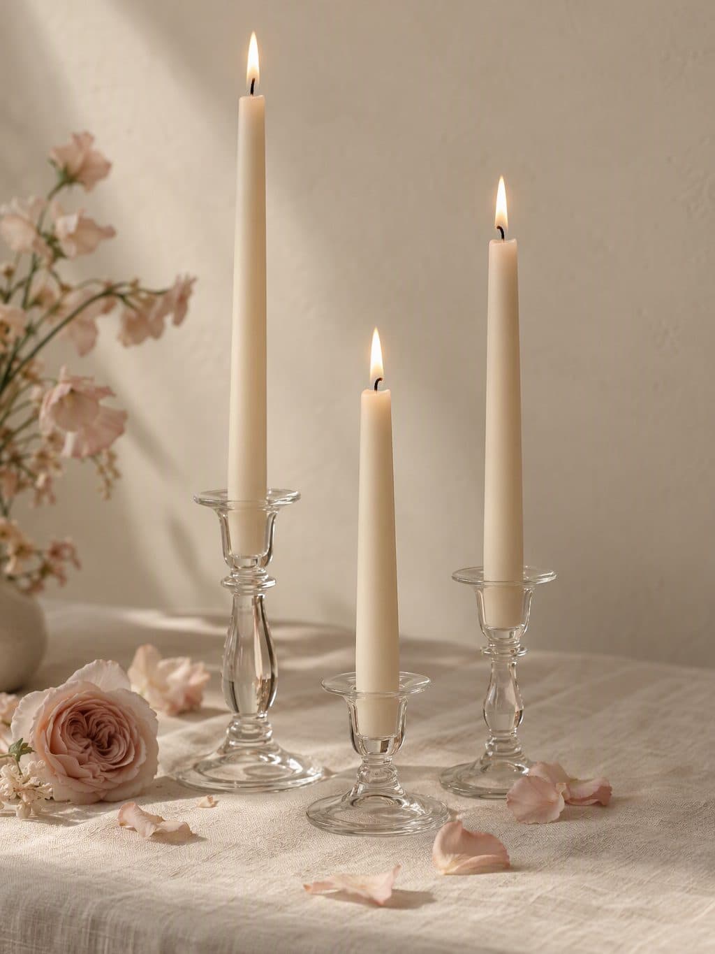 Three lit taper candles in clear glass against a pale wall
