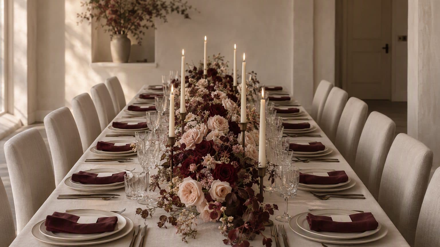A long ivory table with nude roses, burgundy accents and bronze candlesticks in candlelight