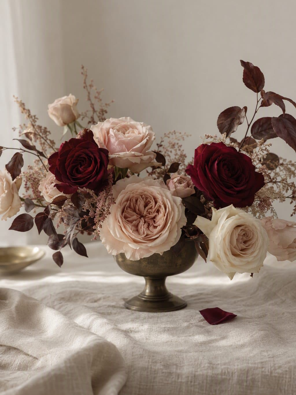 Nude and burgundy garden roses in a small aged-bronze vessel on ivory linen