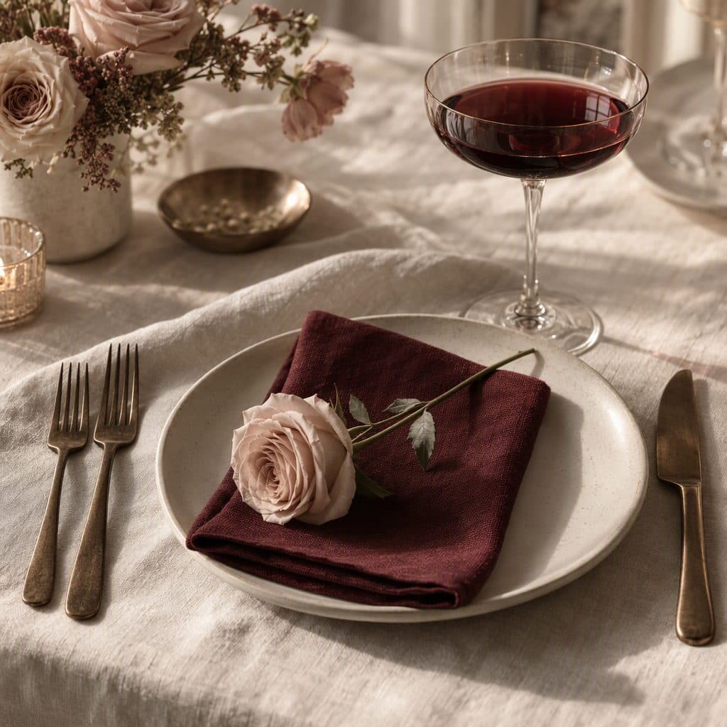 A burgundy napkin and bronze cutlery on a cream plate beside a coupe of red wine
