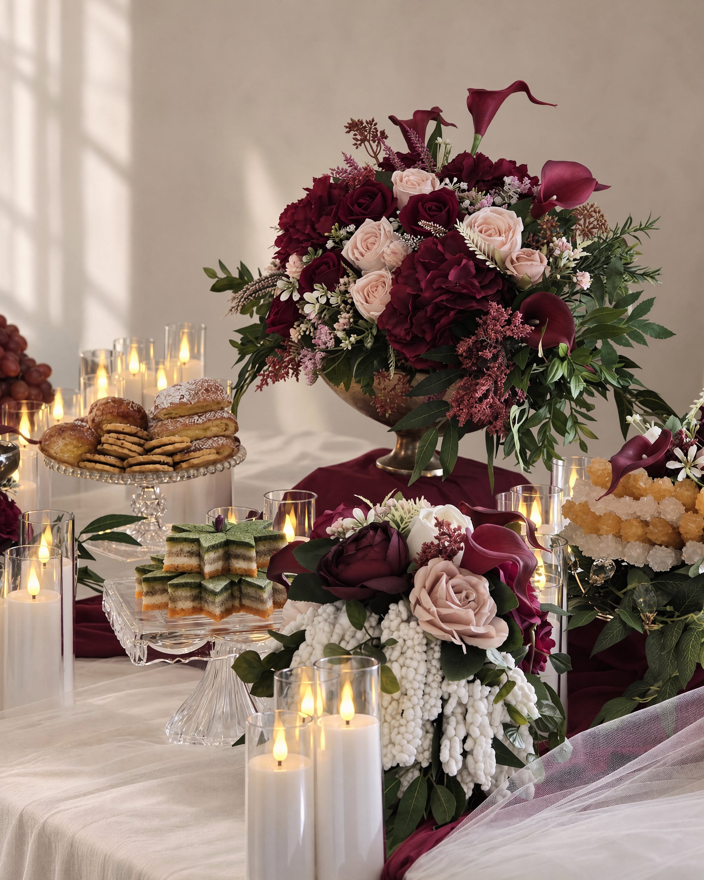 A burgundy and blush arrangement in a footed bowl above a tray of pastries and layered green-and-gold sweets