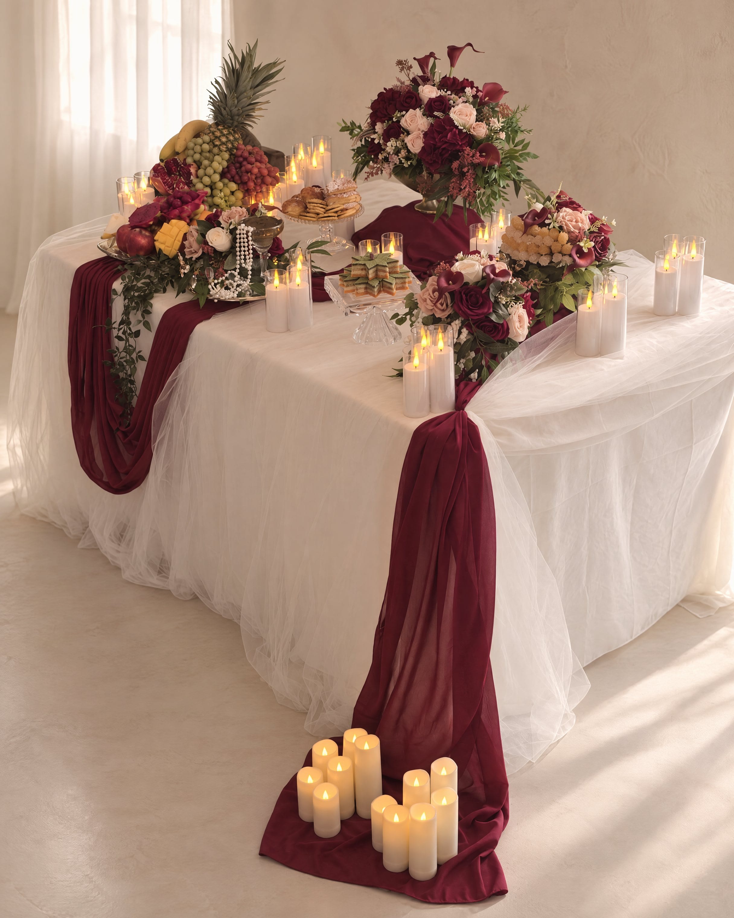 The sweet table end to end, burgundy chiffon falling from the edge to the floor, a cluster of pillar candles standing on the pooled fabric