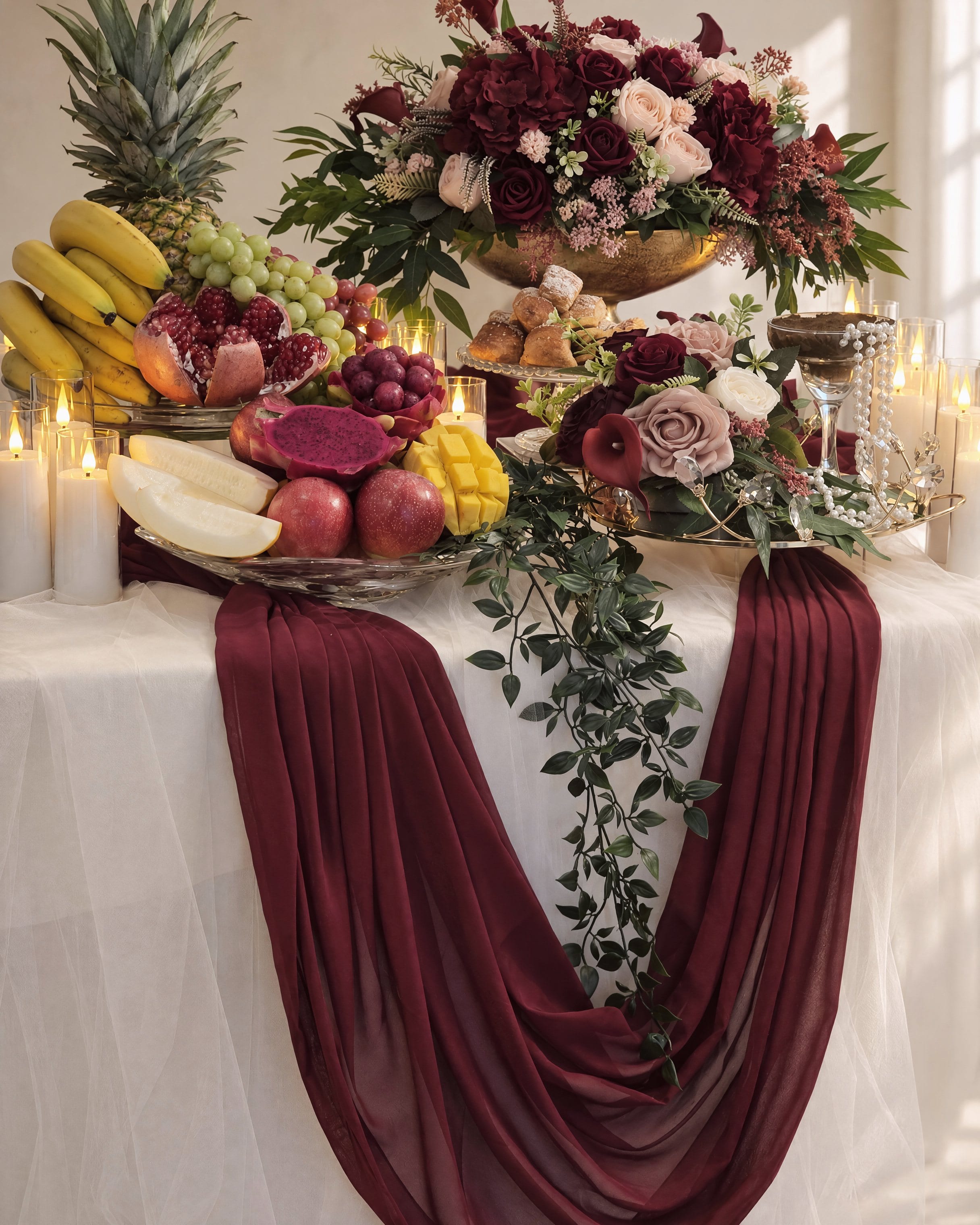 Burgundy chiffon drawn into a deep V across ivory tulle, a trailing vine falling through it, the fruit table above