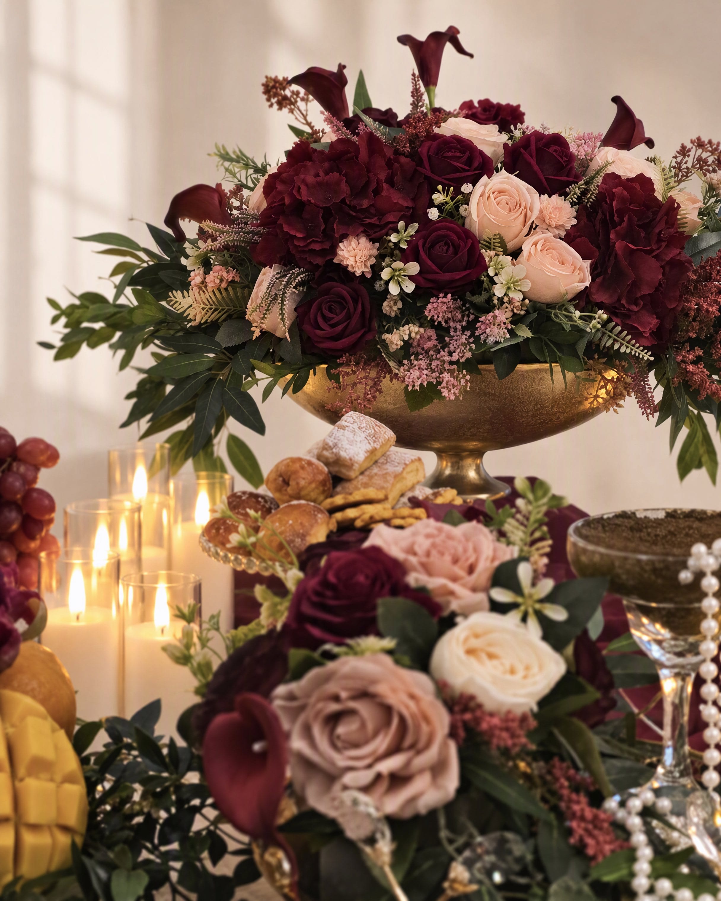 Fruit and blush roses banked below a burgundy and blush arrangement on a gilded footed bowl