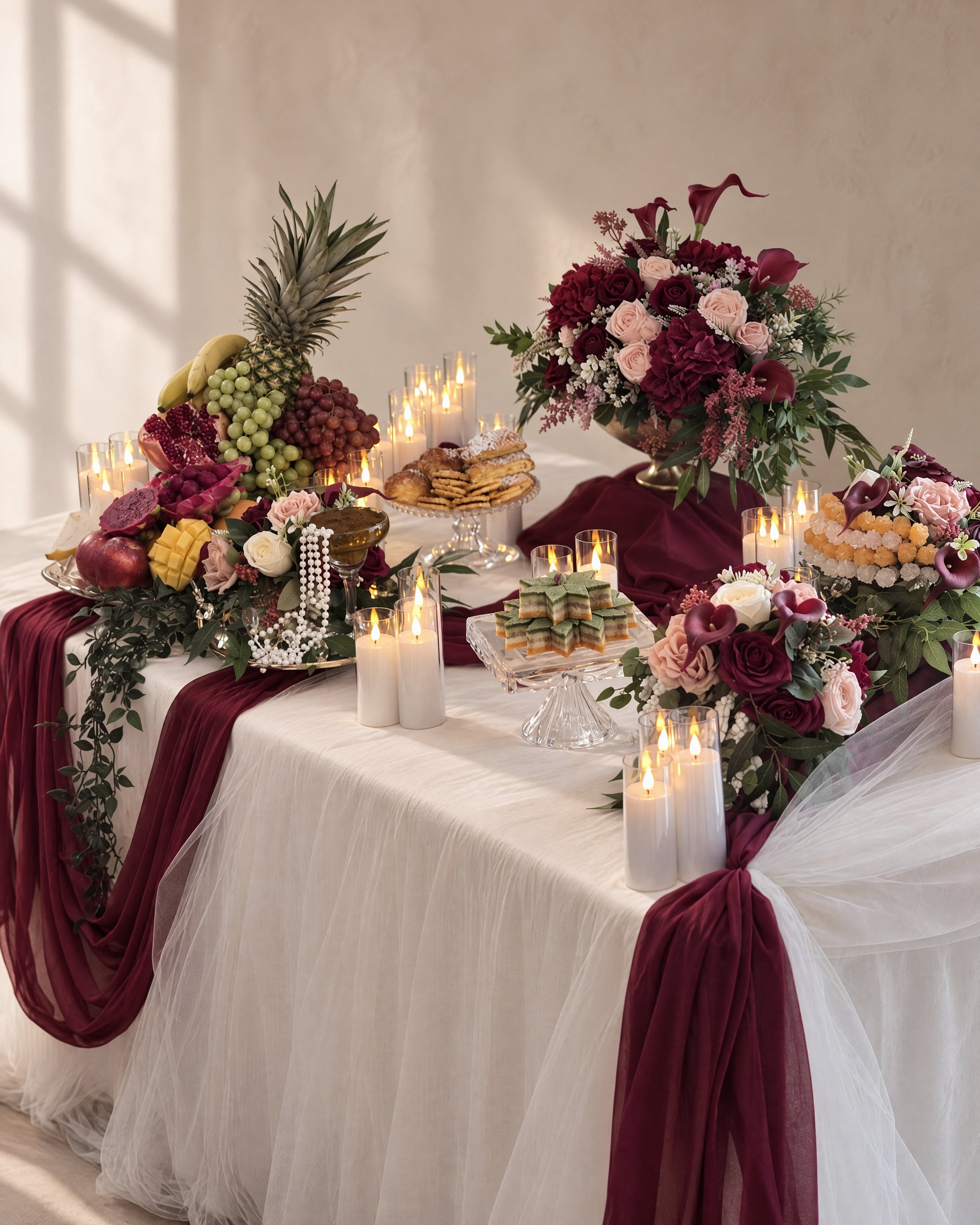 The length of the sweet table, candles running its edge, pastries and fruit under two arrangements