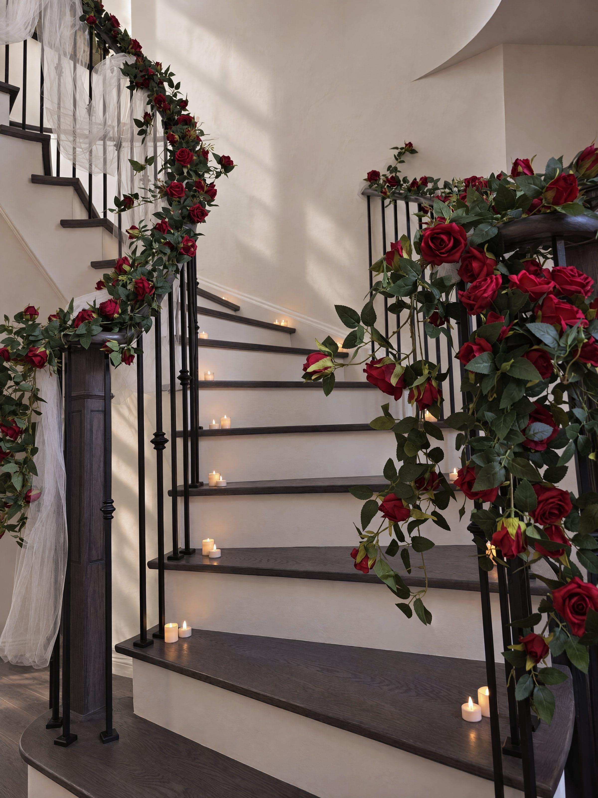 Red roses and trailing greenery wound the length of a curved staircase balustrade, candles set on the treads