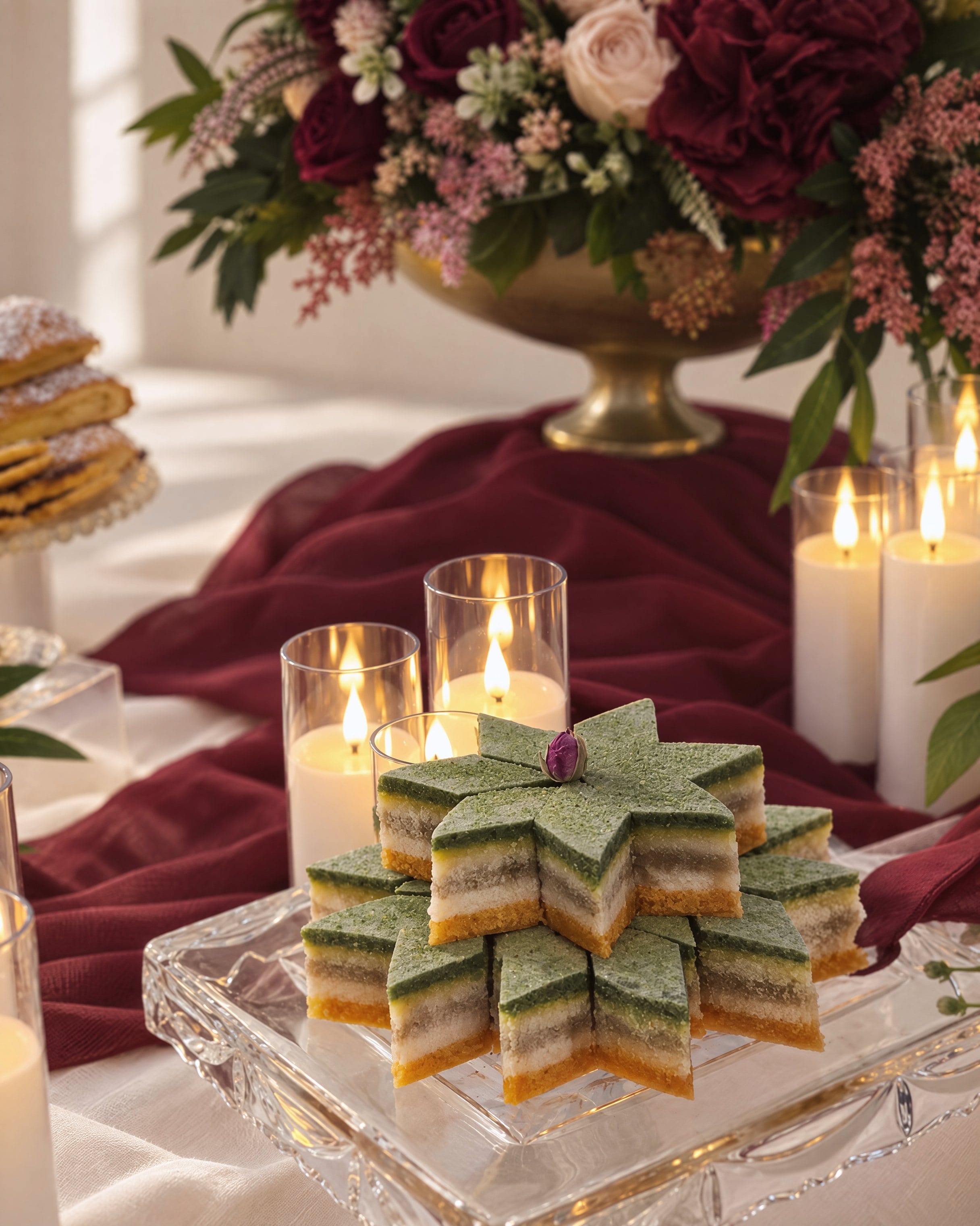 Layered green and gold Persian sweets stacked in a star on a crystal stand, candlelight behind them