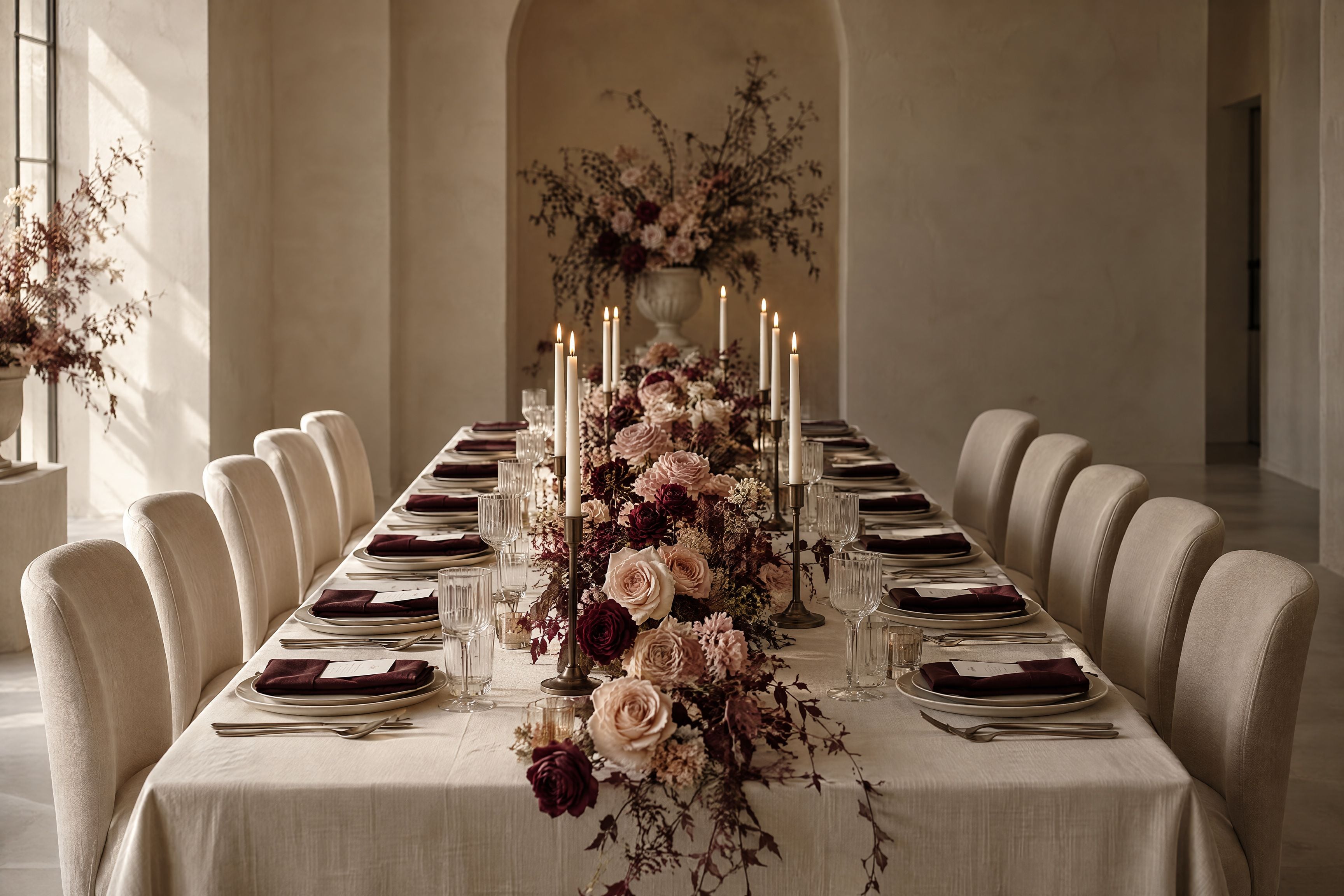 A long ivory table with nude roses, burgundy accents and bronze candlesticks in candlelight