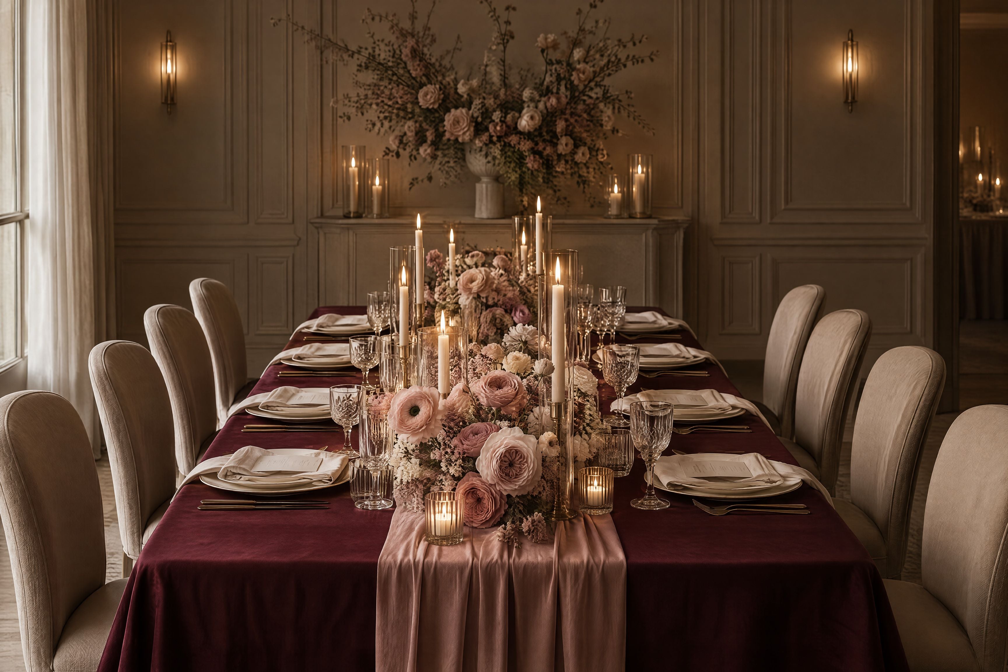 A long table for ten in wine linen with a dusty rose runner and low candlelight