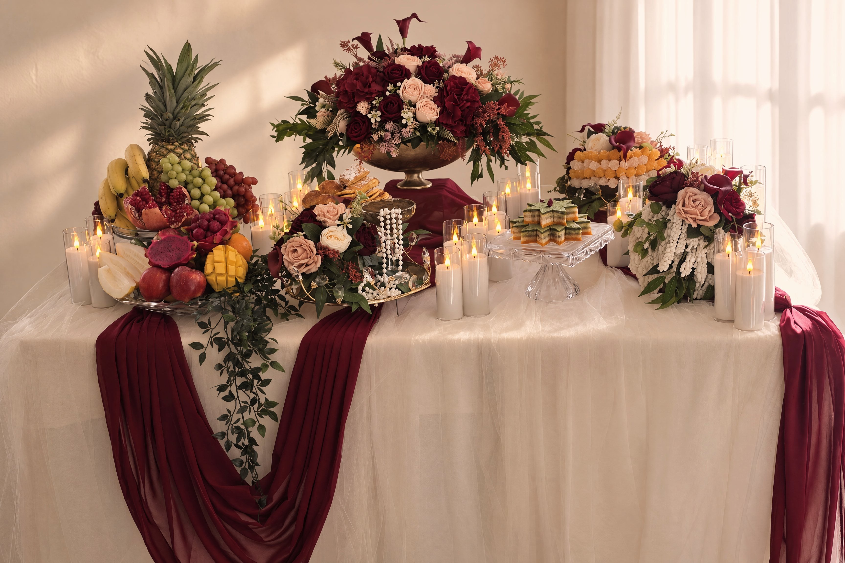 The sweet and fruit table: burgundy chiffon falling in a V over ivory tulle, a burgundy and blush arrangement on a footed bowl, fruit and Persian pastries