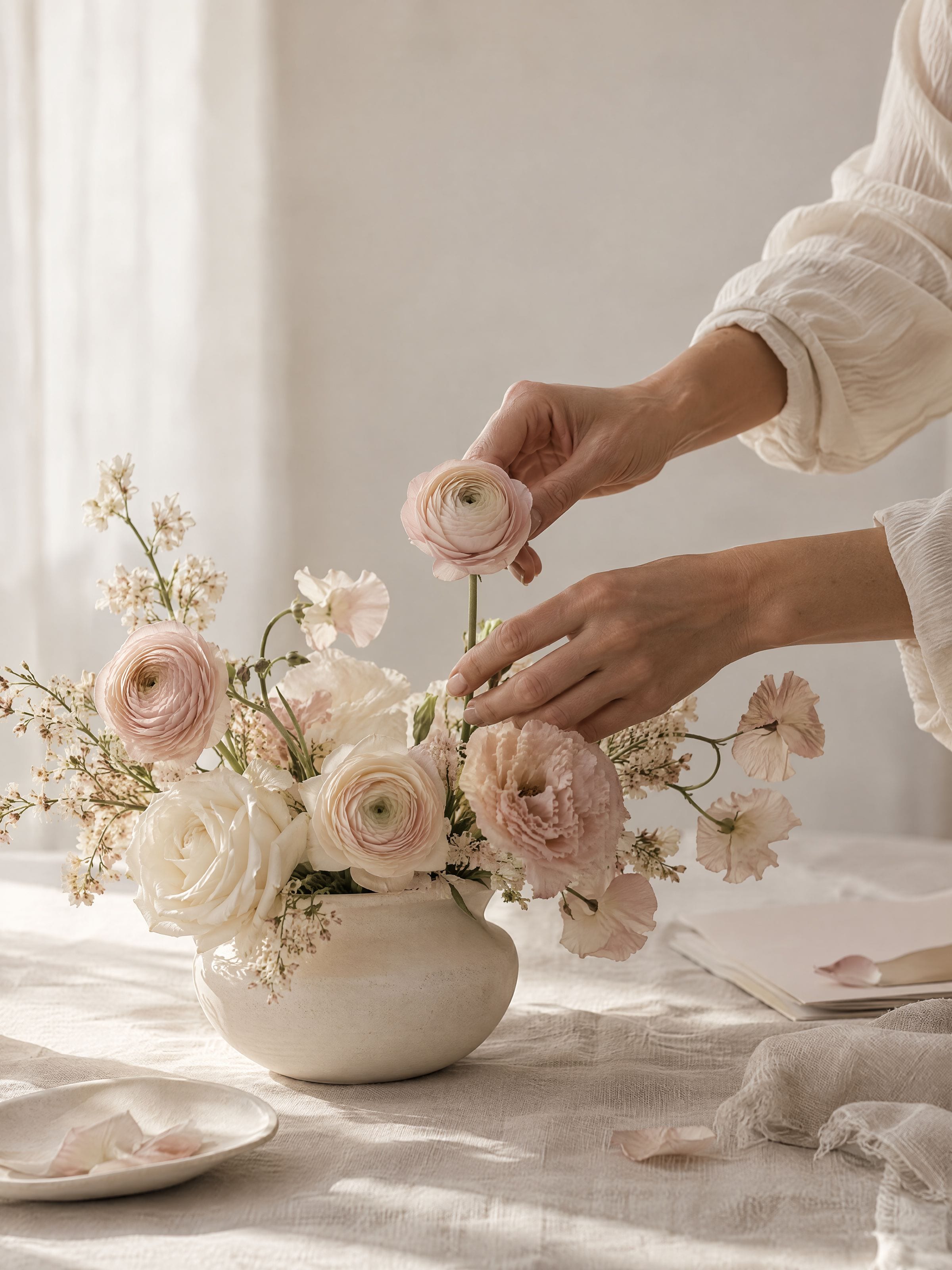 Hands placing a stem of blush ranunculus into a small arrangement