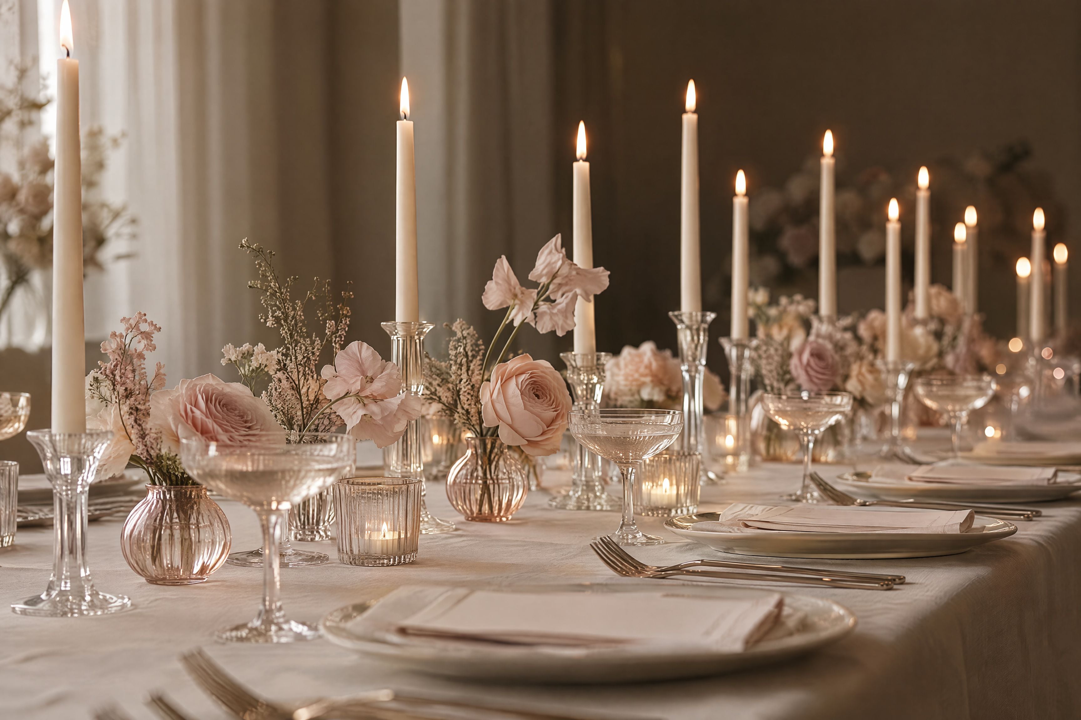 Lit taper candles and coupe glasses along a long table at dusk