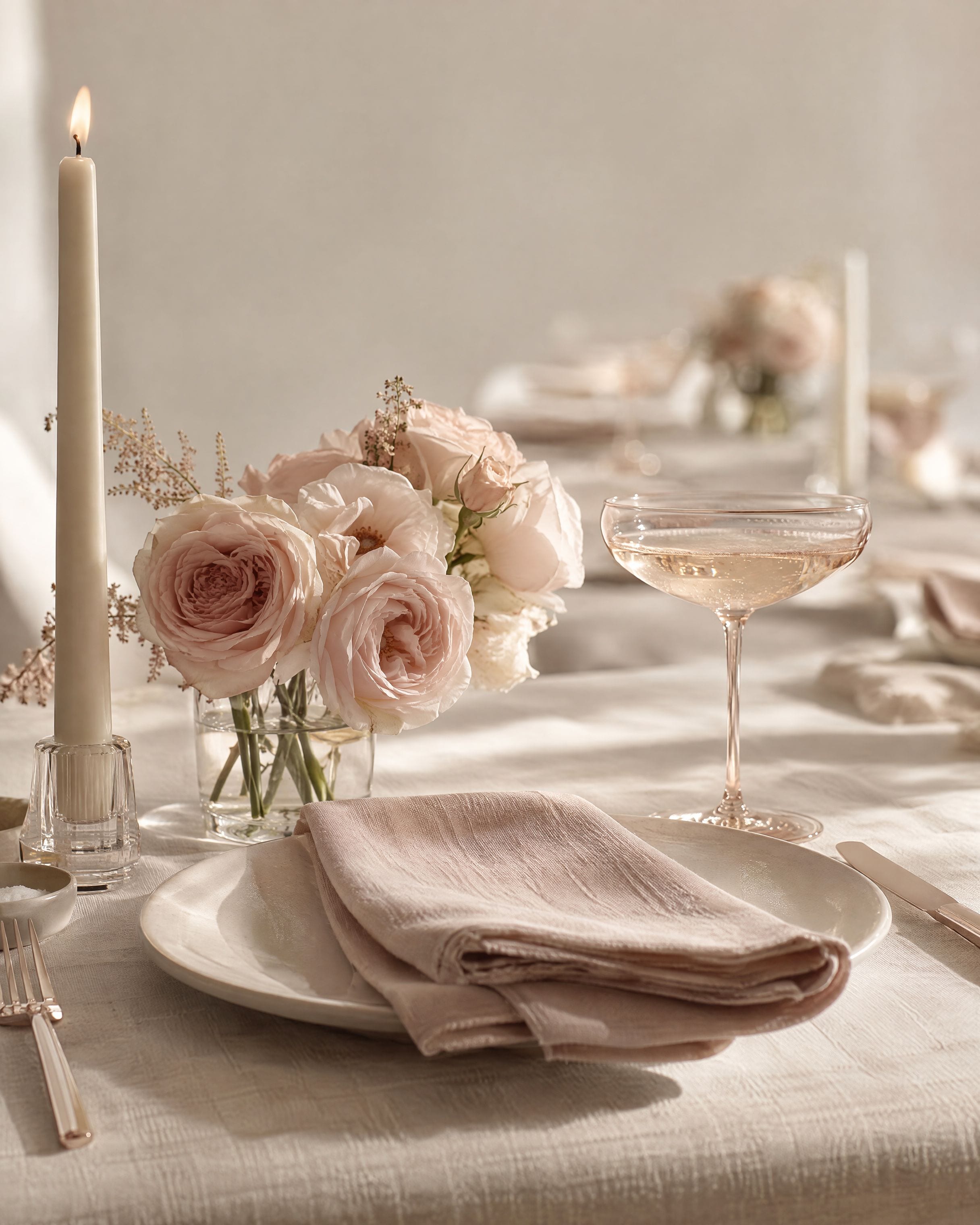 A place setting on ivory linen with a low cluster of blush garden roses and an unlit taper candle
